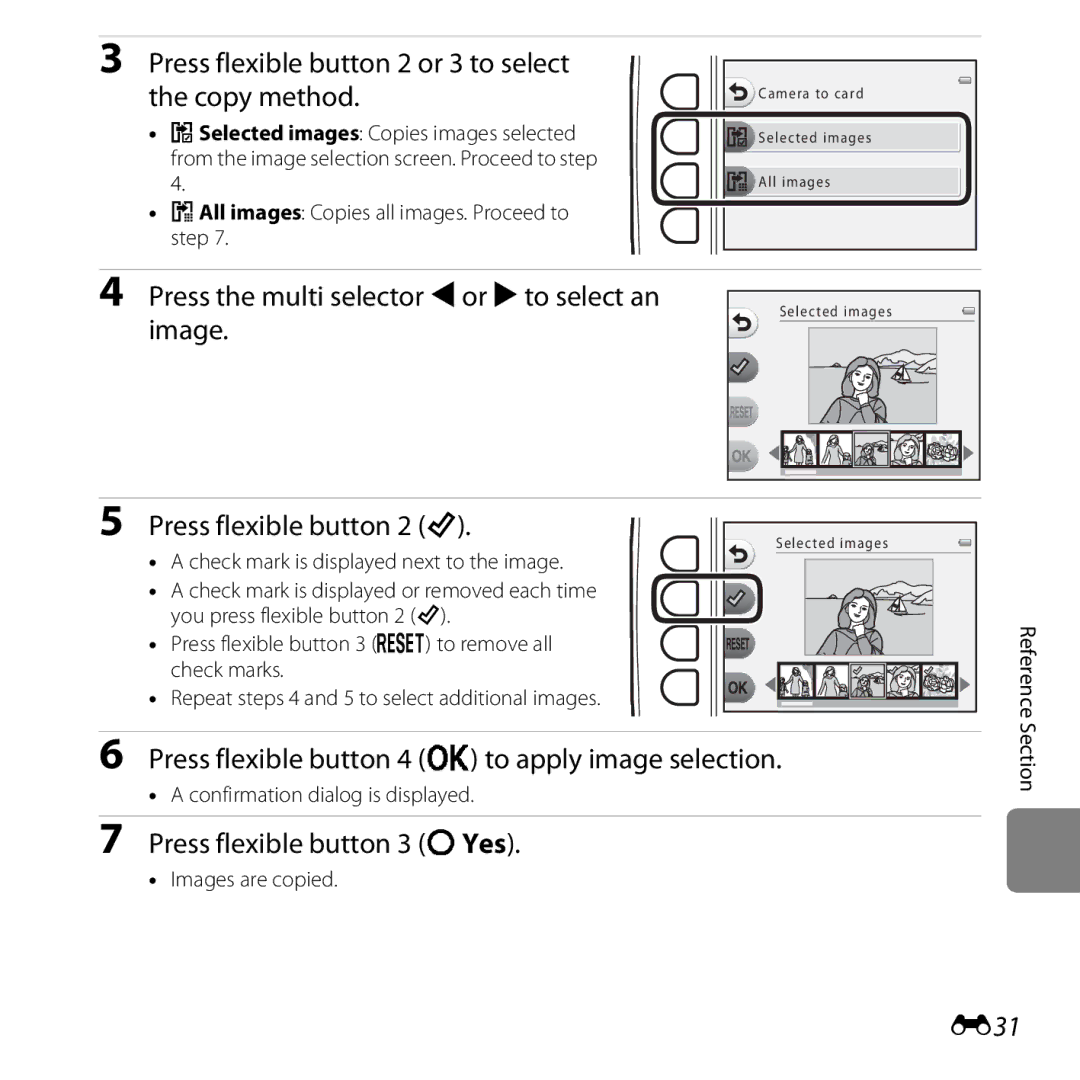 Nikon COOLPIXS31PNK, COOLPIXS31YEL, COOLPIXS31WHT, S31 White Press flexible button 2 or 3 to select the copy method, E31 