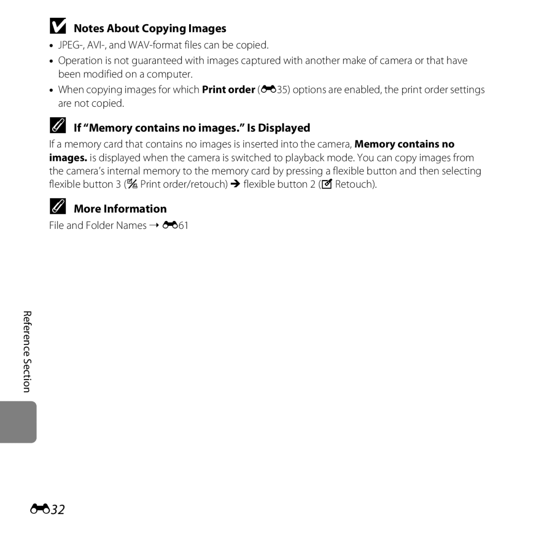 Nikon COOLPIXS31YEL manual E32, If Memory contains no images. Is Displayed, File and Folder Names E61 Reference Section 