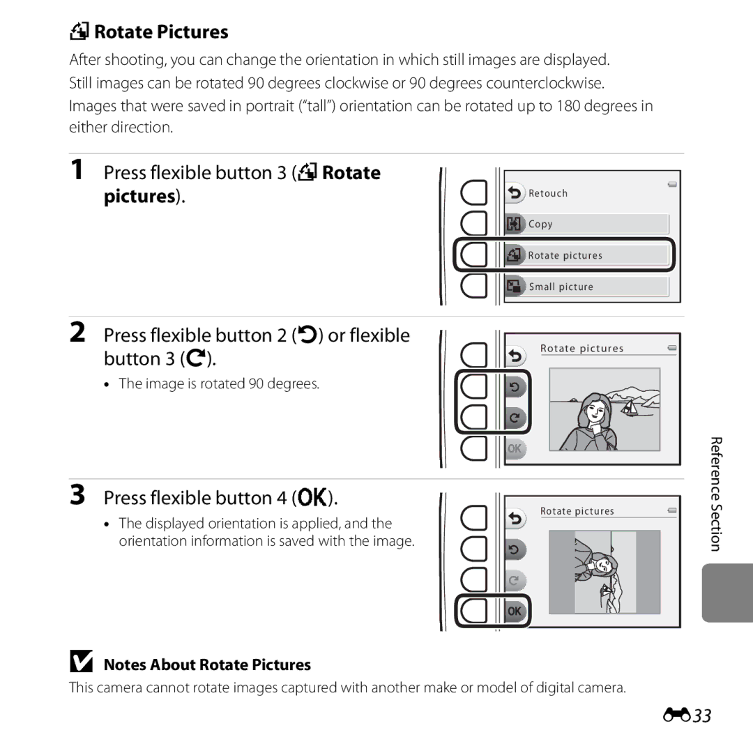 Nikon S31 White manual DRotate Pictures, Press flexible button 3 dRotate pictures, E33, Image is rotated 90 degrees 