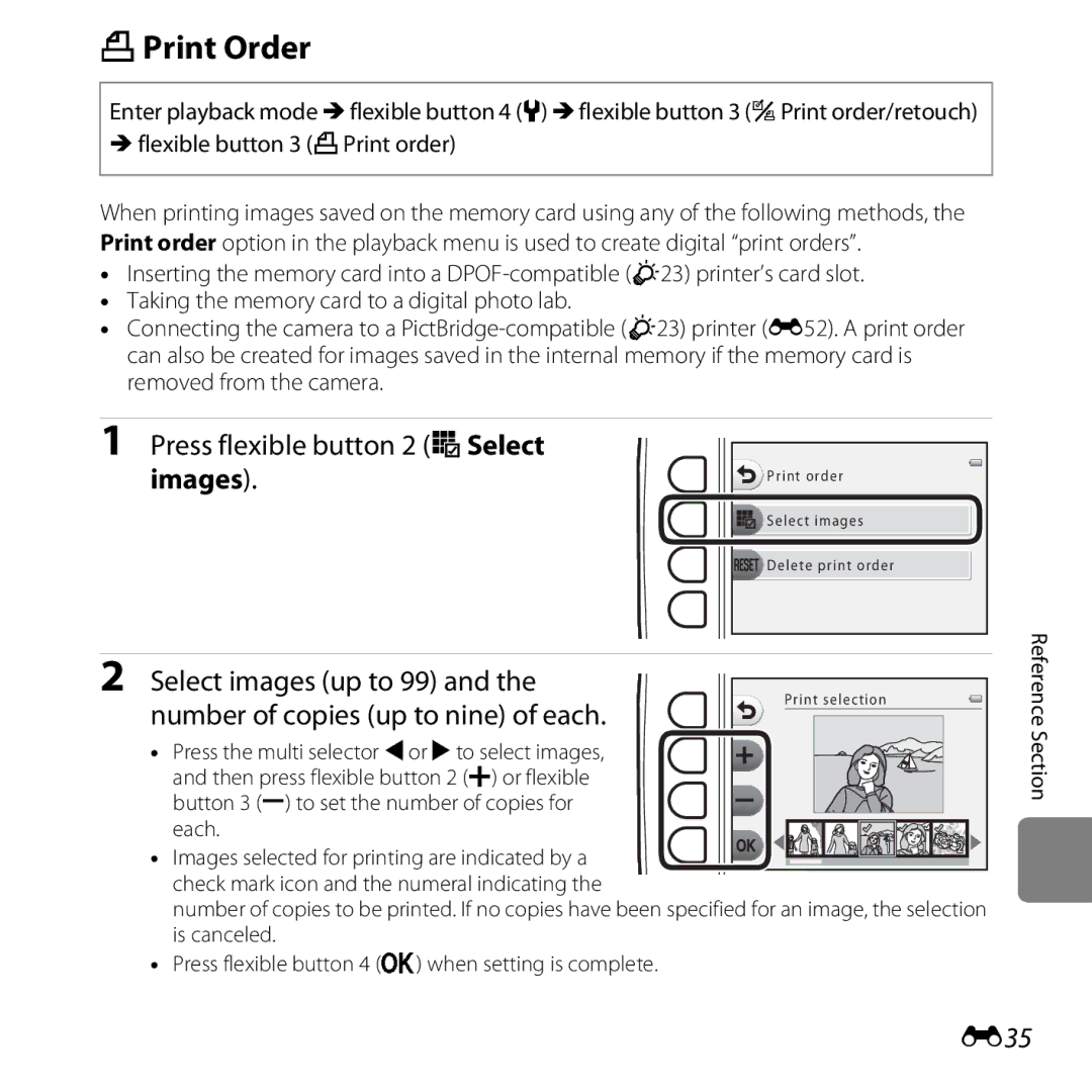 Nikon COOLPIXS31WHT, COOLPIXS31YEL, COOLPIXS31BLUE, COOLPIXS31PNK APrint Order, Press flexible button 2 oSelect images, E35 