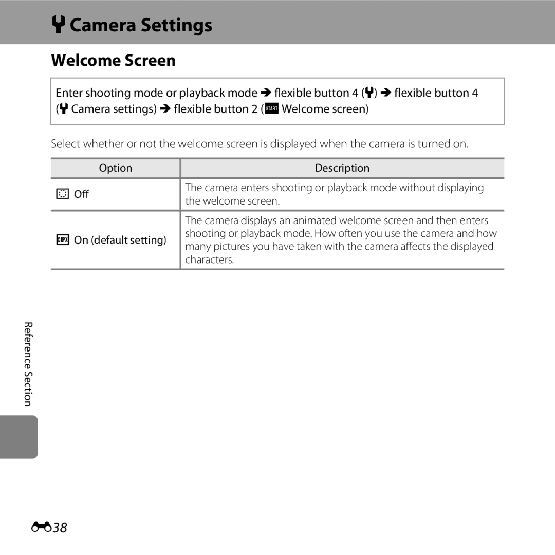 Nikon COOLPIXS31YEL, COOLPIXS31WHT, COOLPIXS31BLUE, COOLPIXS31PNK, S31 White manual LCamera Settings, Welcome Screen, E38 