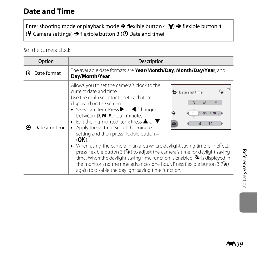 Nikon S31 White, COOLPIXS31YEL Date and Time, E39, Option Description Date format, Day/Month/Year, Current date and time 