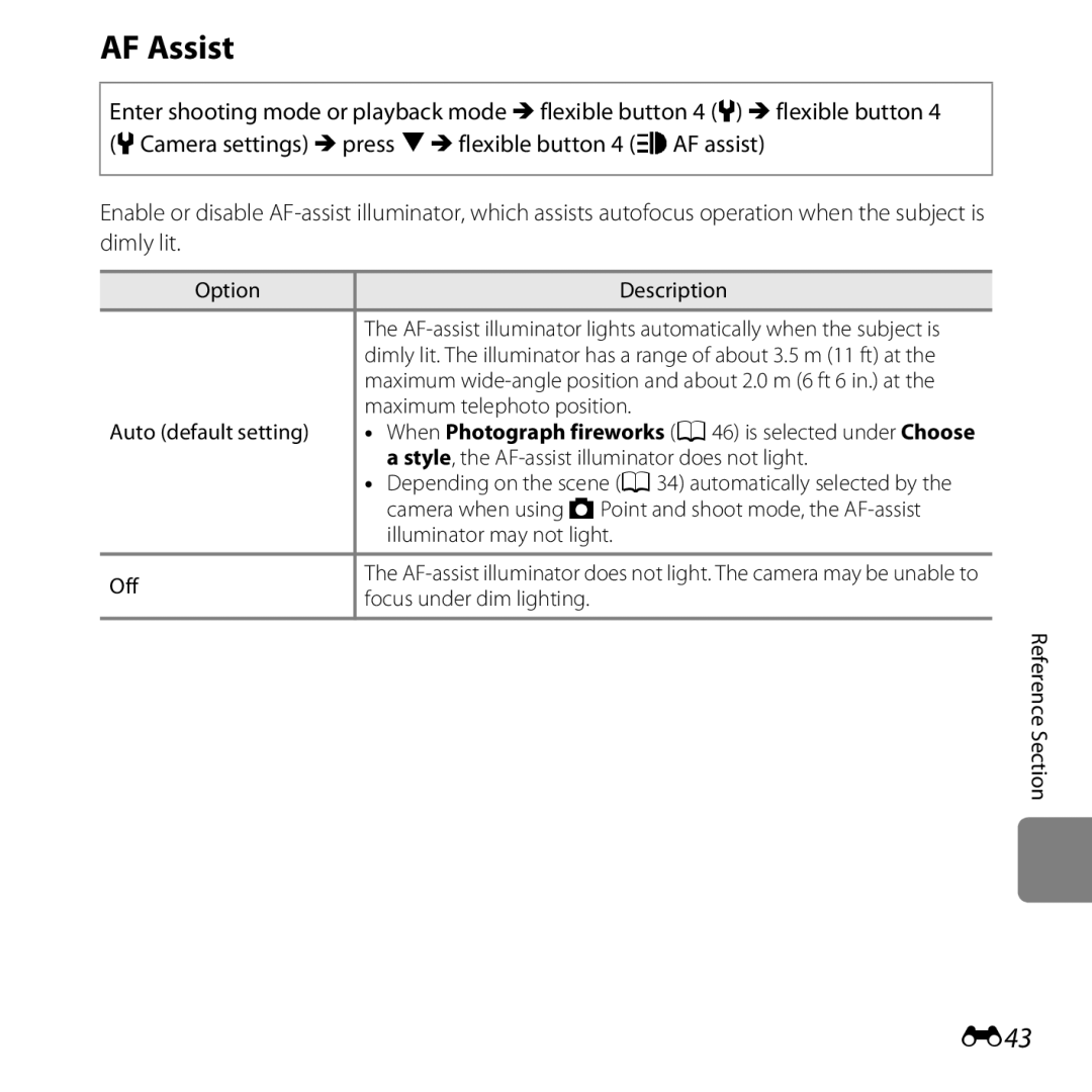 Nikon COOLPIXS31PNK, COOLPIXS31YEL, COOLPIXS31WHT AF Assist, E43, When Photograph fireworks a 46 is selected under Choose 