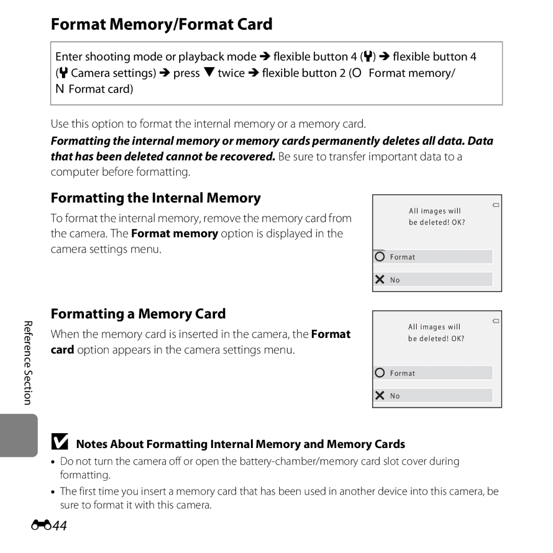 Nikon COOLPIXS31YEL, S31 White Format Memory/Format Card, Formatting the Internal Memory, Formatting a Memory Card, E44 