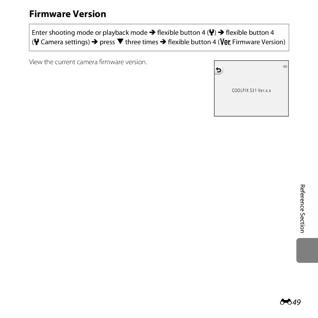 Nikon COOLPIXS31PNK, COOLPIXS31YEL, COOLPIXS31WHT, COOLPIXS31BLUE, S31 White manual Firmware Version, E49 