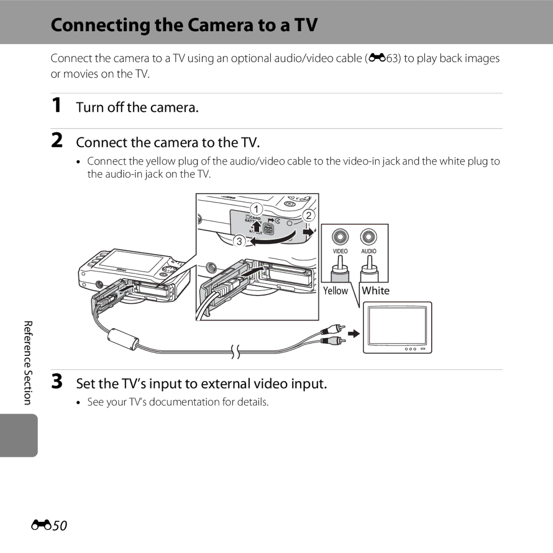 Nikon COOLPIXS31YEL, COOLPIXS31WHT Connecting the Camera to a TV, Turn off the camera Connect the camera to the TV, E50 