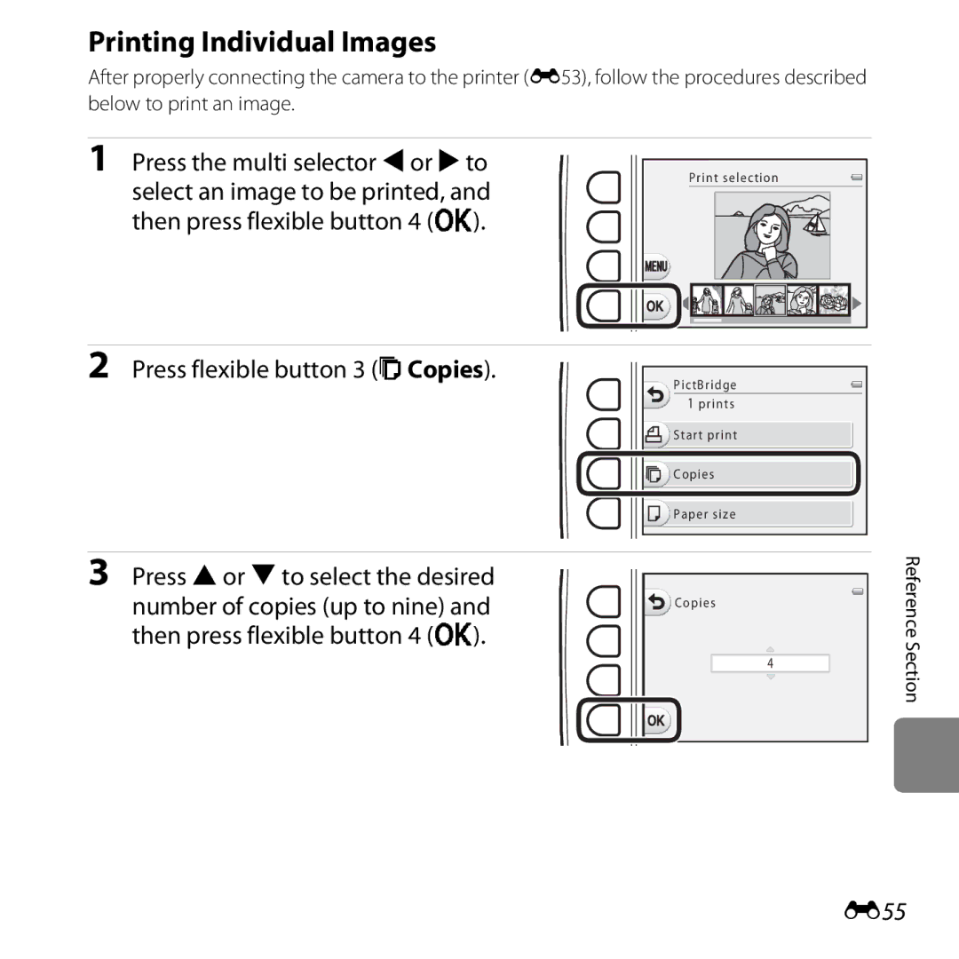 Nikon COOLPIXS31PNK Printing Individual Images, Press flexible button 3 bCopies, Press Hor Ito select the desired, E55 