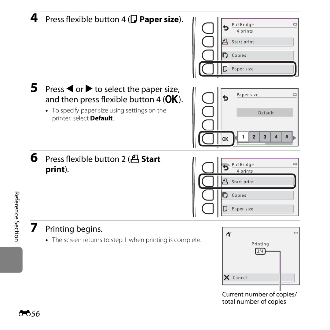 Nikon COOLPIXS31YEL Press flexible button 4 cPaper size, Press flexible button 2 aStart print, Printing begins, E56 