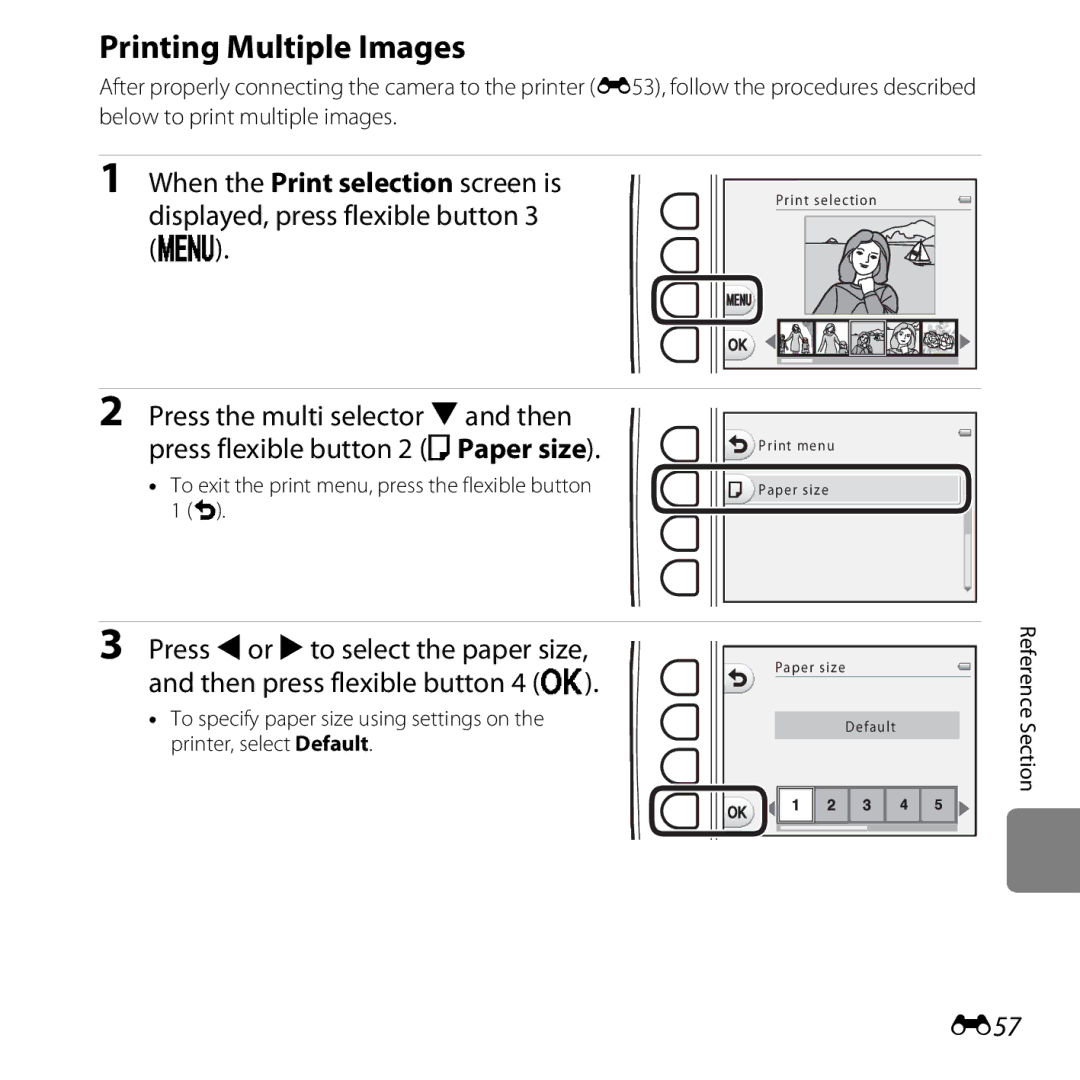 Nikon S31 White, COOLPIXS31YEL manual Printing Multiple Images, E57, To exit the print menu, press the flexible button 1 Q 