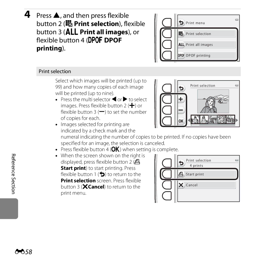 Nikon COOLPIXS31YEL, COOLPIXS31WHT manual E58, Print selection, Reference Section Select which images will be printed up to 