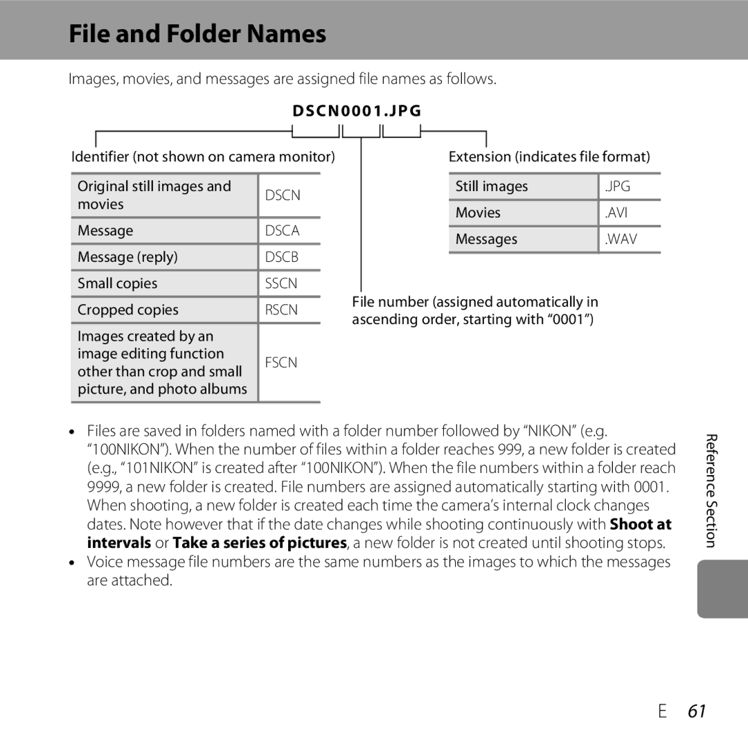 Nikon COOLPIXS31PNK, COOLPIXS31YEL, COOLPIXS31WHT, COOLPIXS31BLUE, S31 White manual File and Folder Names, E61 