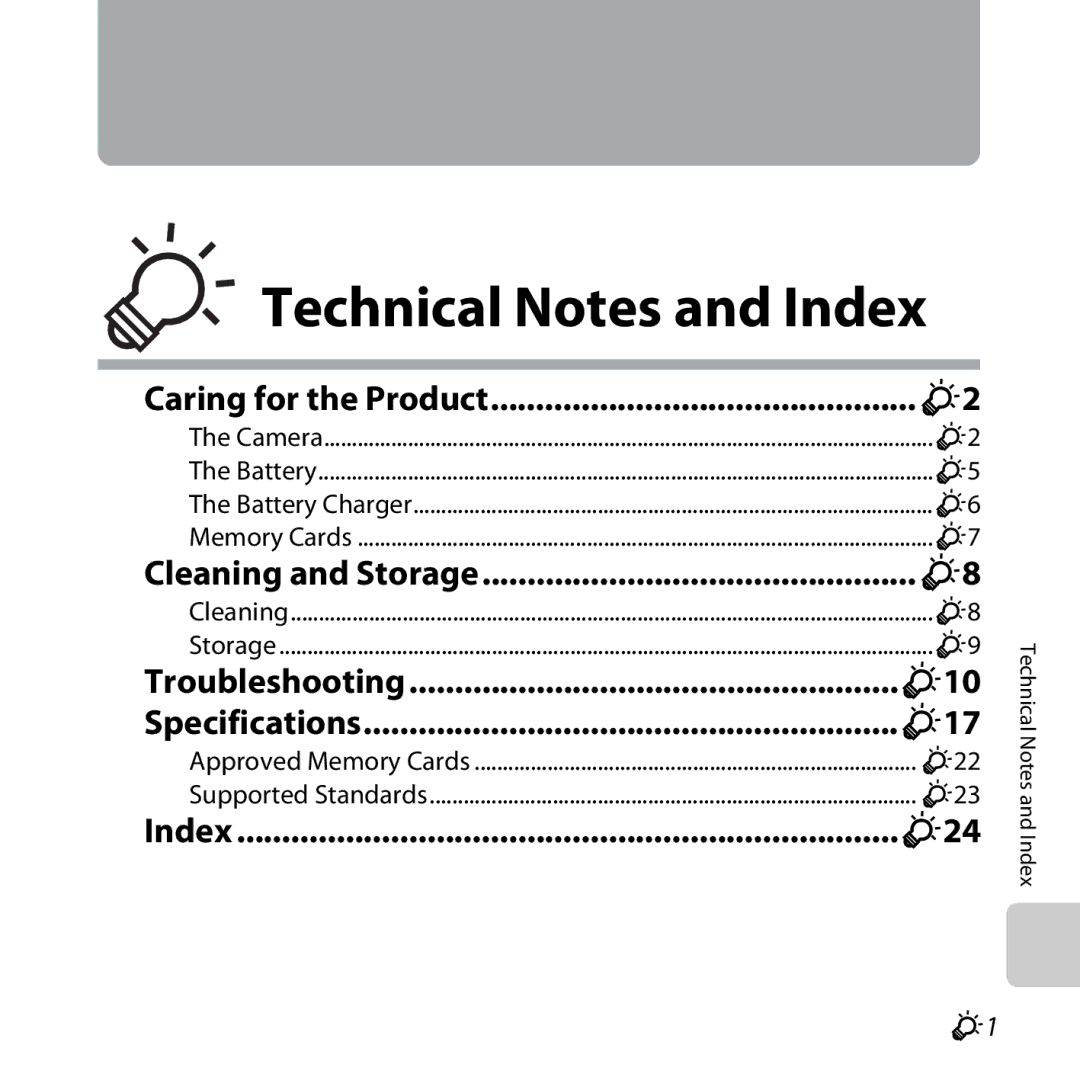 Nikon S31 White, COOLPIXS31YEL, COOLPIXS31WHT, COOLPIXS31BLUE, COOLPIXS31PNK manual Technical Notes and Index 