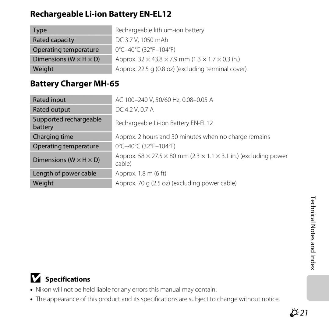 Nikon COOLPIXS31WHT, COOLPIXS31YEL manual Rechargeable Li-ion Battery EN-EL12, Battery Charger MH-65, F21, Specifications 