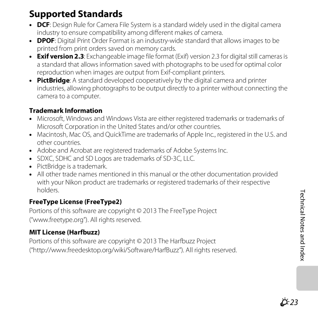 Nikon COOLPIXS31PNK manual Supported Standards, F23, Trademark Information, FreeType License FreeType2 MIT License Harfbuzz 