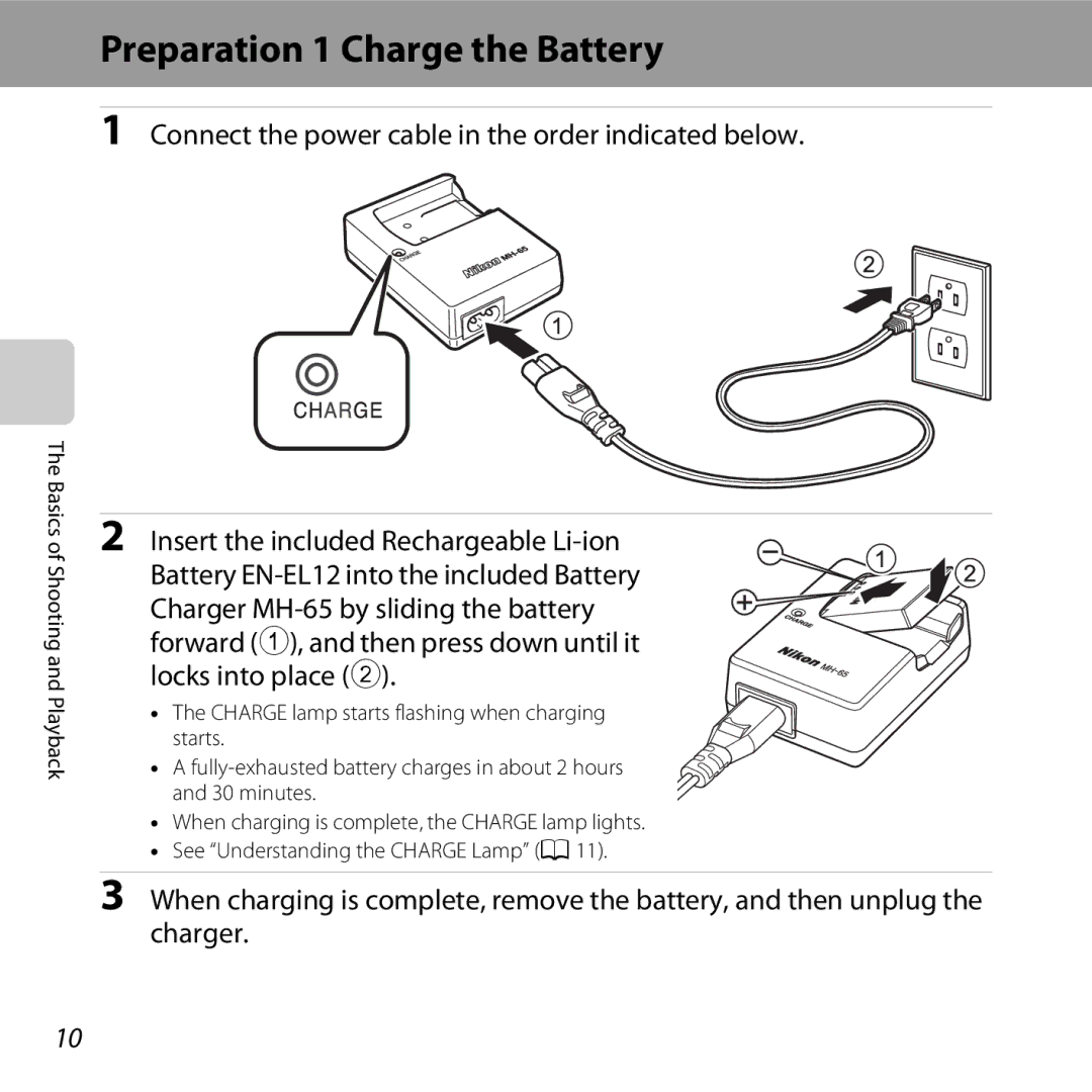 Nikon COOLPIXS31YEL, COOLPIXS31WHT, COOLPIXS31BLUE, COOLPIXS31PNK, S31 White manual Preparation 1 Charge the Battery 