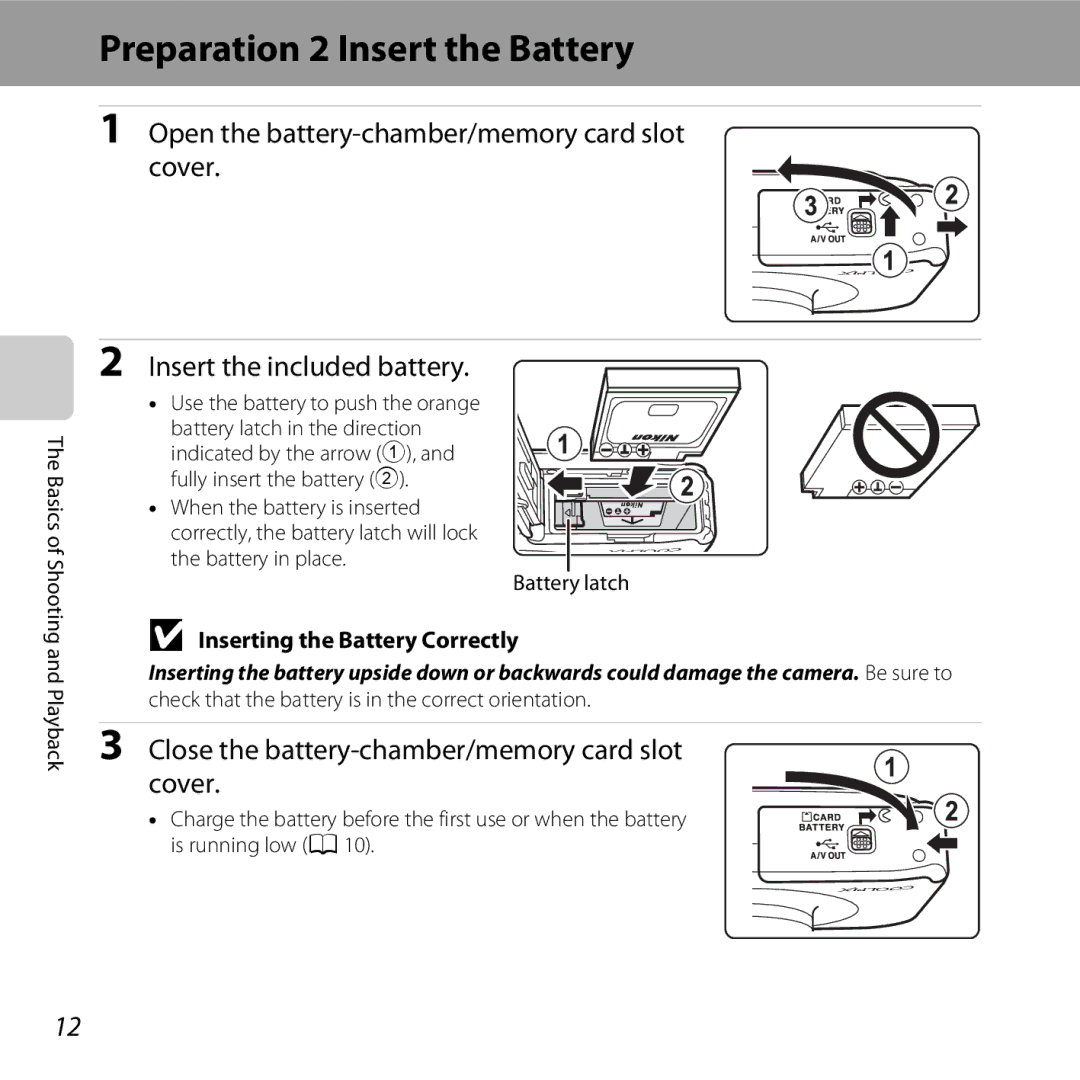 Nikon COOLPIXS31BLUE, COOLPIXS31YEL Preparation 2 Insert the Battery, Close the battery-chamber/memory card slot Cover 