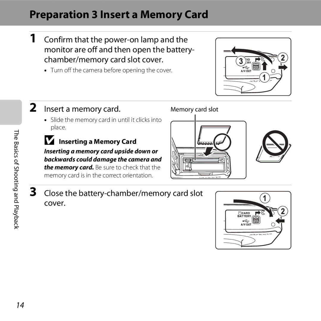 Nikon COOLPIXS31YEL, COOLPIXS31WHT Preparation 3 Insert a Memory Card, Insert a memory card, Inserting a Memory Card 