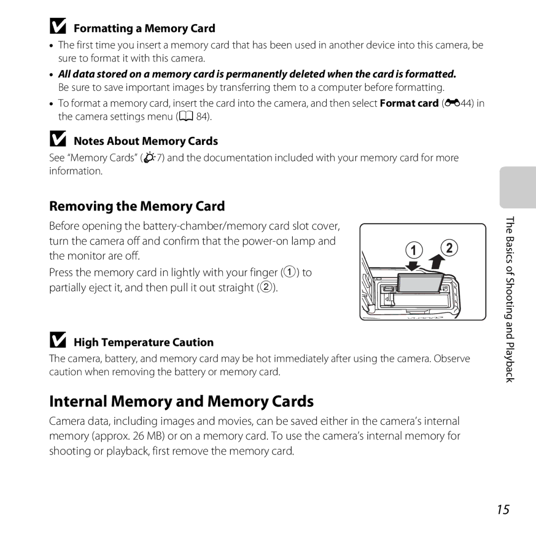 Nikon S31 White, COOLPIXS31YEL manual Internal Memory and Memory Cards, Removing the Memory Card, Formatting a Memory Card 