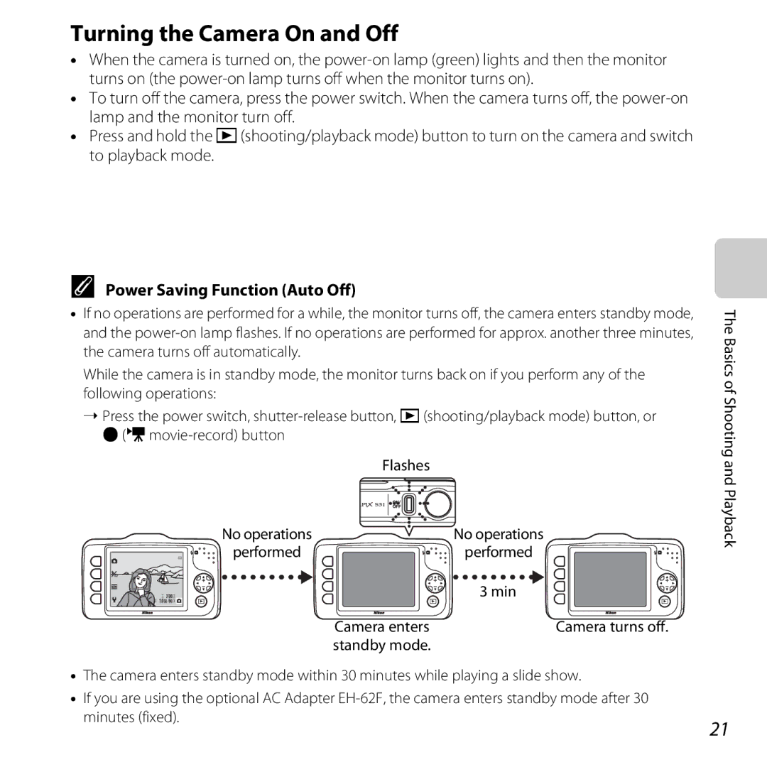 Nikon S31 White, COOLPIXS31YEL manual Turning the Camera On and Off, Power Saving Function Auto Off, Min, Camera enters 