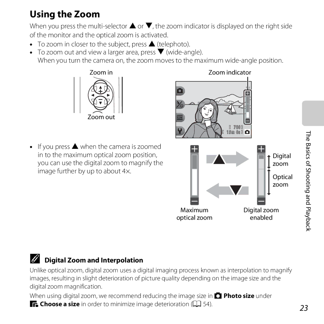 Nikon COOLPIXS31WHT, COOLPIXS31YEL manual Using the Zoom, Digital Zoom and Interpolation, Digital zoom Optical zoom, Maximum 