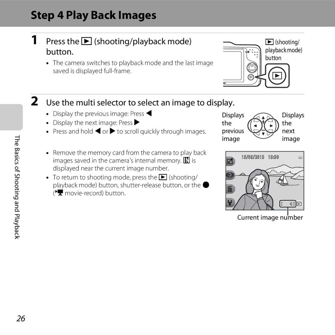 Nikon S31 Play Back Images, Press the cshooting/playback mode button, Use the multi selector to select an image to display 