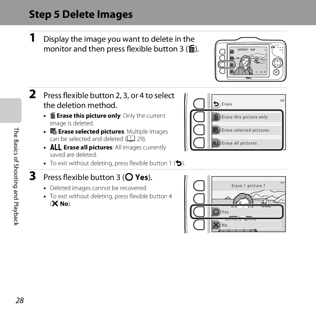 Nikon COOLPIXS31YEL, COOLPIXS31WHT, COOLPIXS31BLUE Delete Images, Erase this picture only Only the current image is deleted 