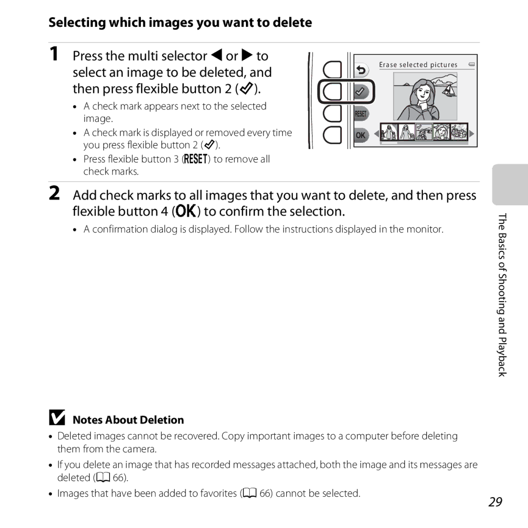 Nikon COOLPIXS31WHT, COOLPIXS31YEL, S31 White Selecting which images you want to delete, Press the multi selector Jor Kto 