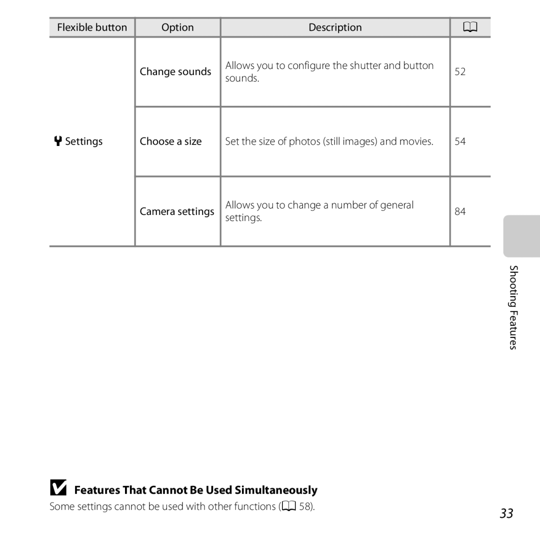 Nikon S31 White Features That Cannot Be Used Simultaneously, Flexible button Option Description Change sounds, Sounds 