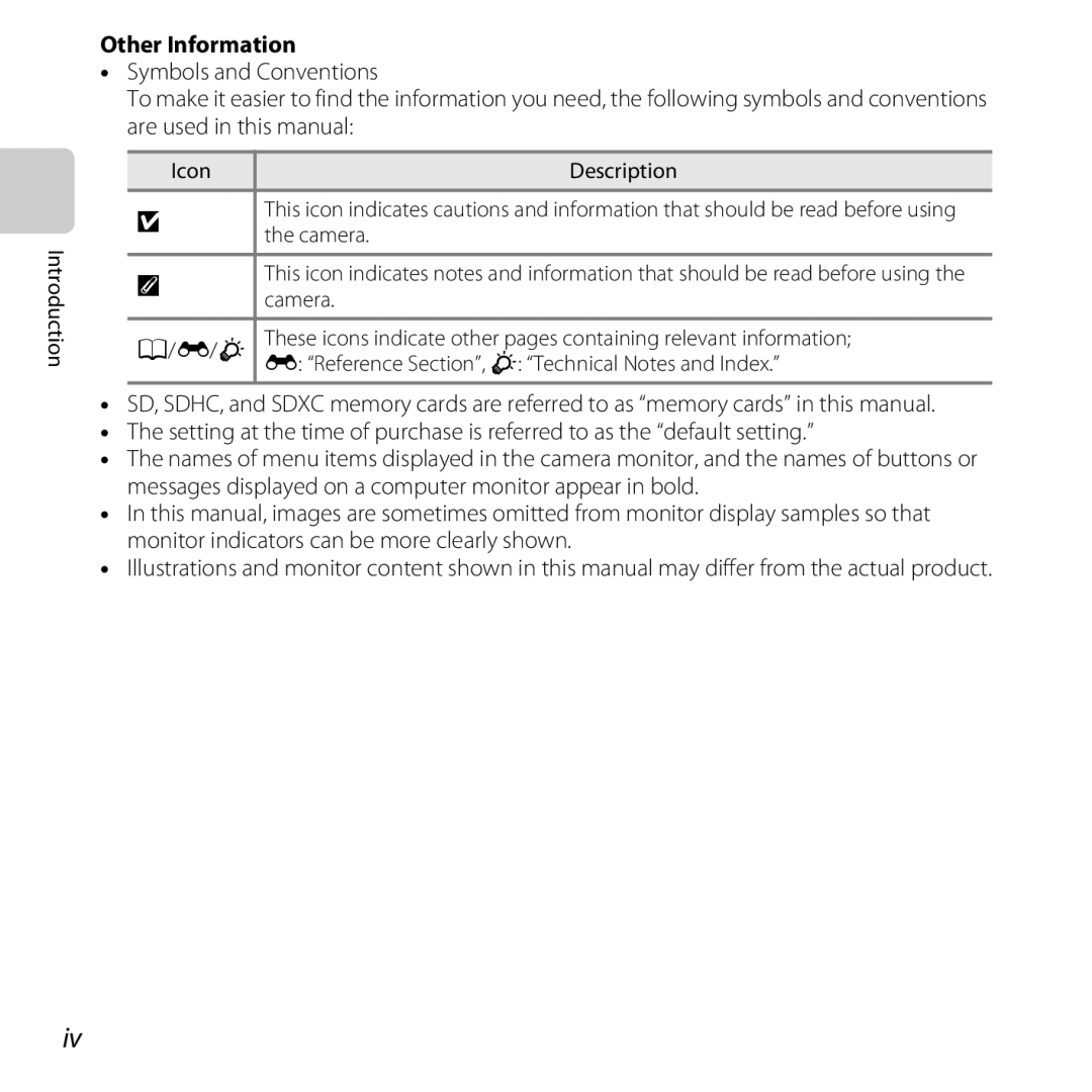 Nikon COOLPIXS31YEL, COOLPIXS31WHT, COOLPIXS31BLUE Other Information, Icon, Reference Section, F Technical Notes and Index 