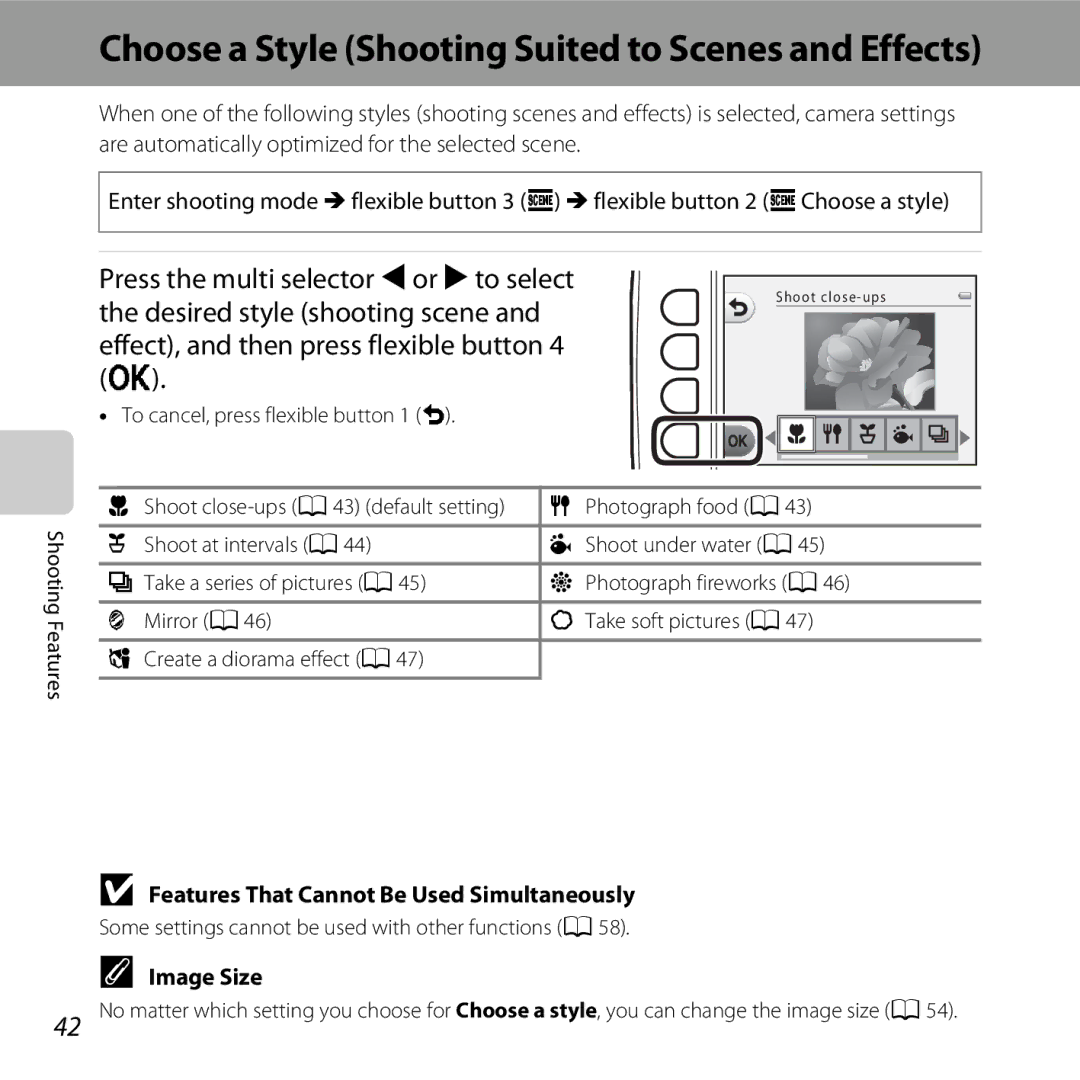 Nikon COOLPIXS31BLUE, COOLPIXS31YEL, COOLPIXS31WHT manual Choose a Style Shooting Suited to Scenes and Effects, Image Size 