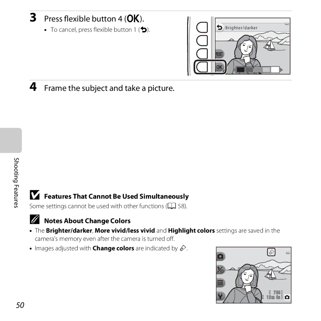 Nikon COOLPIXS31YEL, COOLPIXS31WHT Press flexible button 4 O, Images adjusted with Change colors are indicated by R 