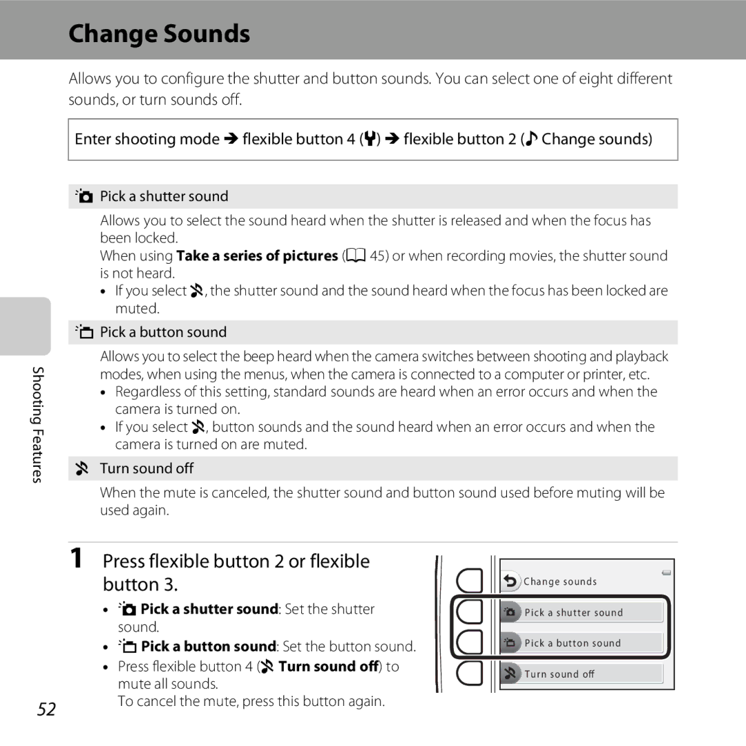 Nikon COOLPIXS31YEL Change Sounds, Press flexible button 2 or flexible button, Pick a shutter sound Set the shutter sound 