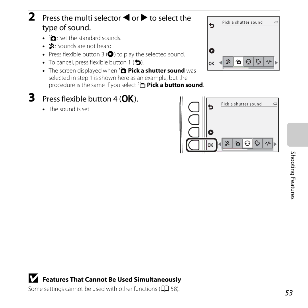 Nikon COOLPIXS31WHT, COOLPIXS31YEL, COOLPIXS31BLUE Press the multi selector Jor Kto select, Type of sound, Sound is set 