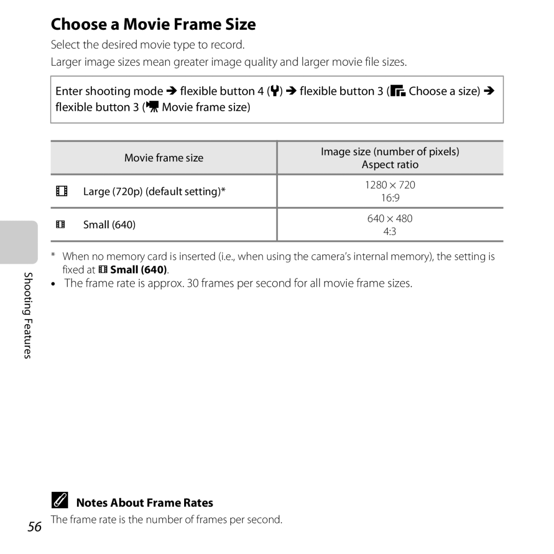 Nikon S31 manual Choose a Movie Frame Size, Movie frame size Image size number of pixels, Large 720p default setting, Small 