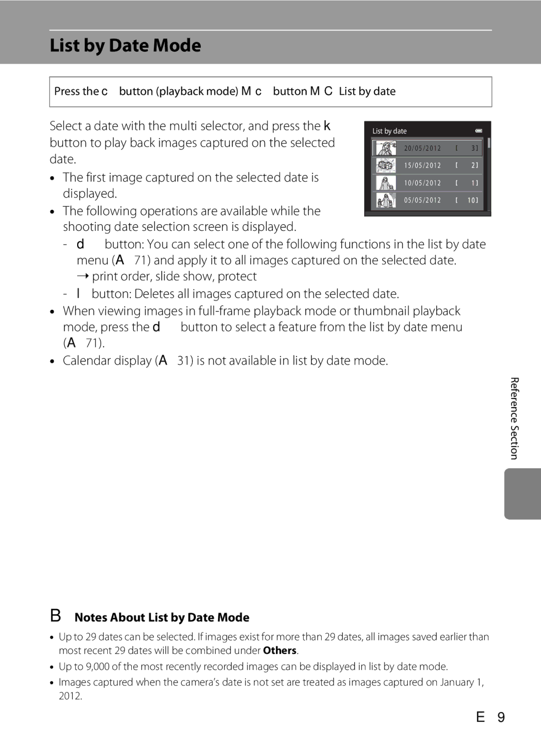 Nikon COOLPIXS3300RED, COOLPIXS3300BLK manual List by Date Mode, Select a date with the multi selector, and press the k 