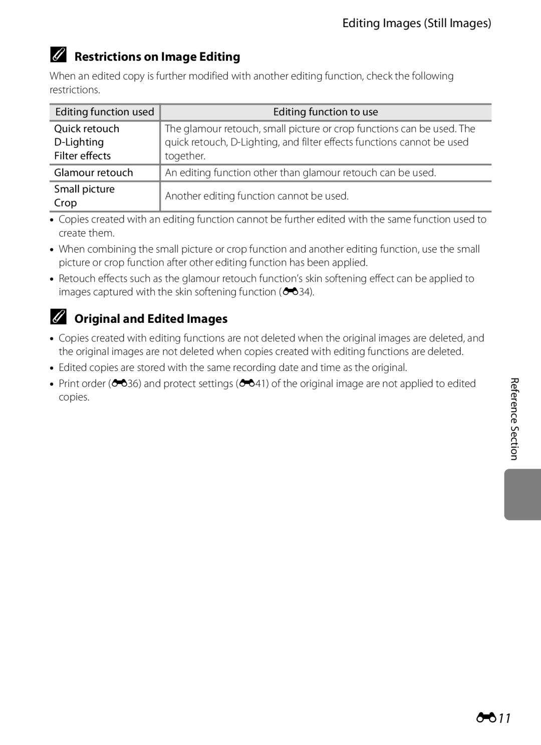 Nikon coolpix s3300 manual E11, Editing Images Still Images, Restrictions on Image Editing, Original and Edited Images 