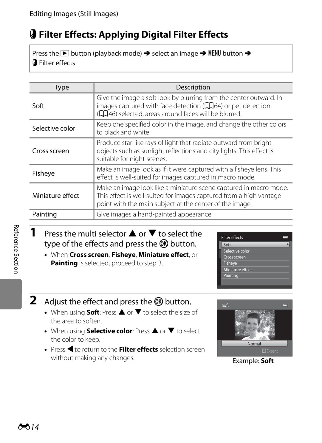 Nikon COOLPIXS3300SIL manual PFilter Effects Applying Digital Filter Effects, Press the multi selector Hor Ito select, E14 