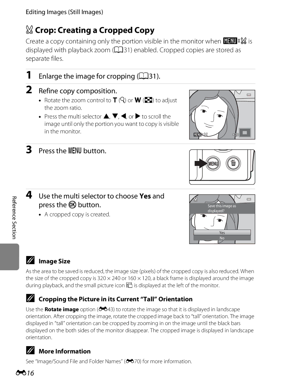 Nikon COOLPIXS3300BLK manual ACrop Creating a Cropped Copy, Enlarge the image for cropping A31 Refine copy composition, E16 