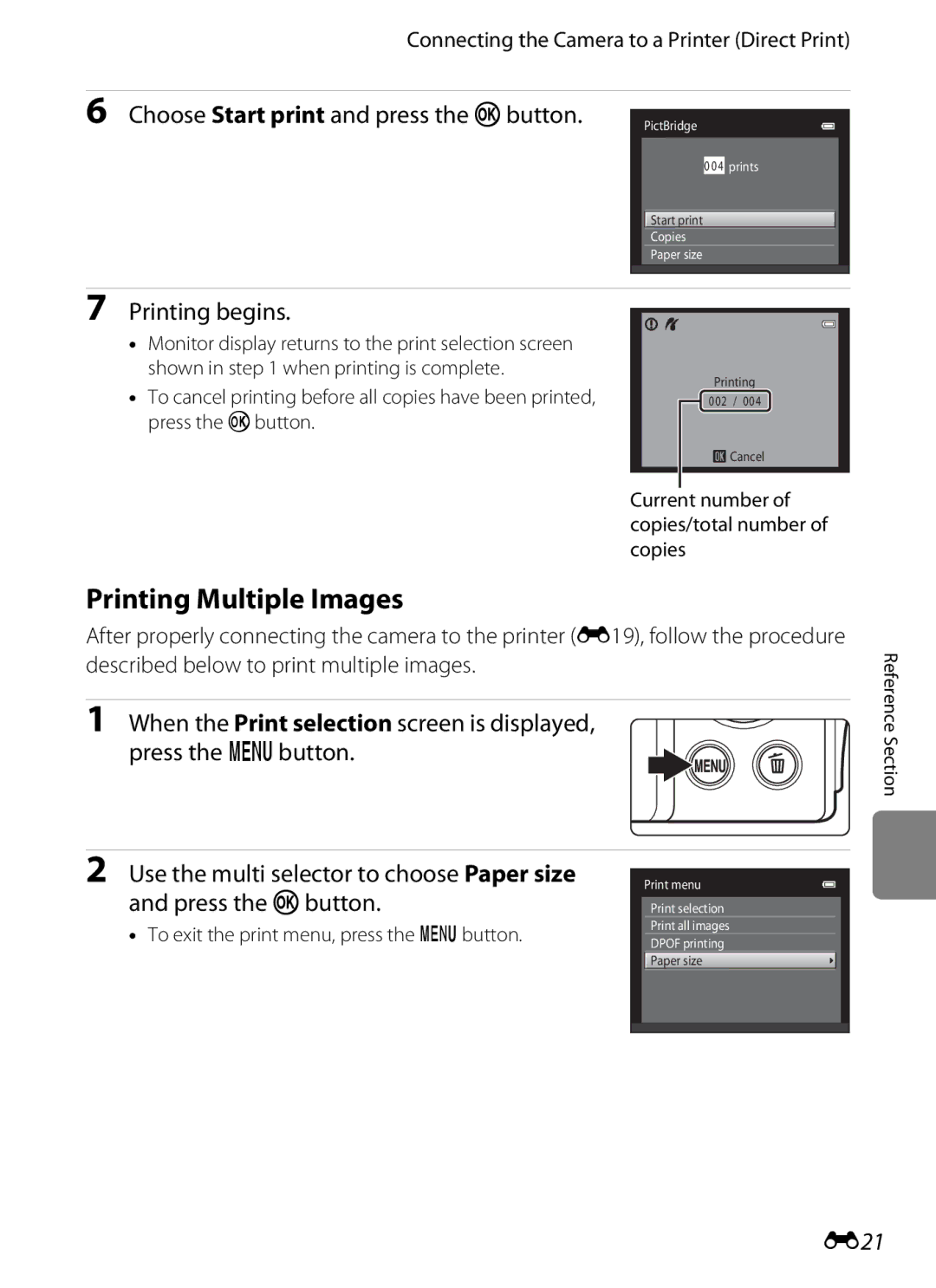 Nikon COOLPIXS3300RED, COOLPIXS3300BLK, COOLPIXS3300SIL, coolpix s3300 manual Printing Multiple Images, Printing begins, E21 