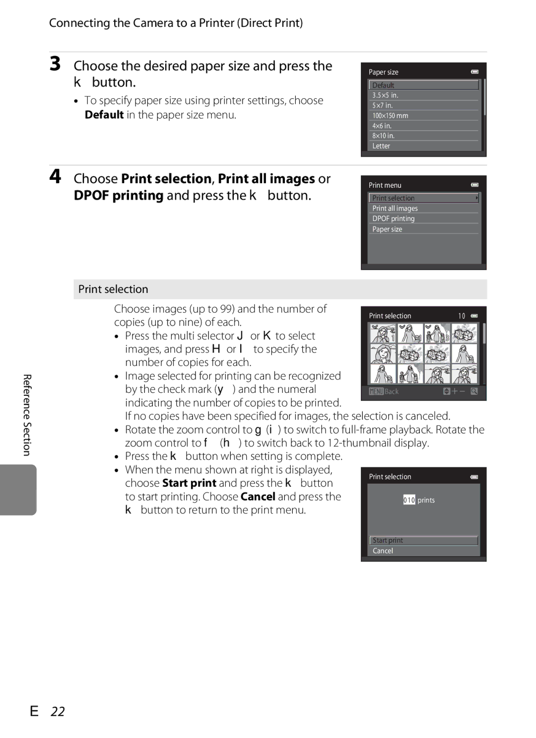 Nikon COOLPIXS3300SIL, coolpix s3300 Choose Print selection, Print all images or, Dpof printing and press the kbutton, E22 