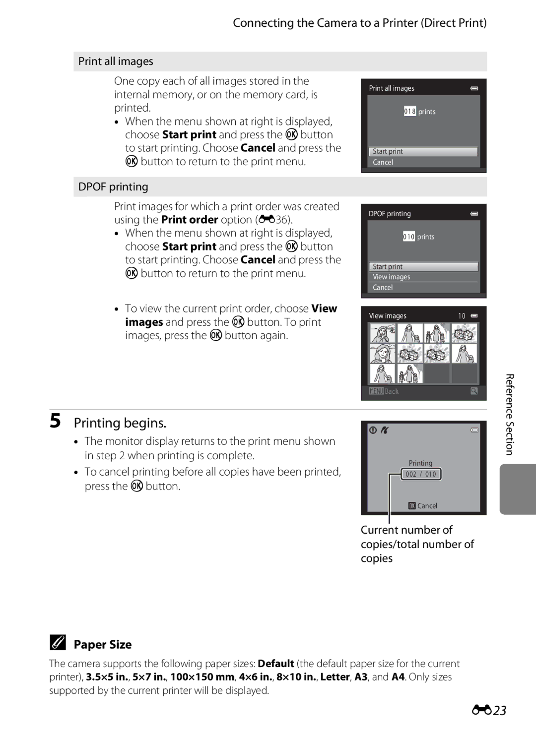 Nikon coolpix s3300, COOLPIXS3300BLK, COOLPIXS3300RED, COOLPIXS3300SIL manual E23, Paper Size, Dpof printing 