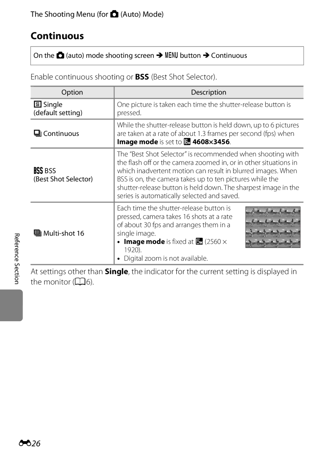 Nikon COOLPIXS3300SIL, COOLPIXS3300BLK, coolpix s3300 Continuous, E26, Enable continuous shooting or BSS Best Shot Selector 