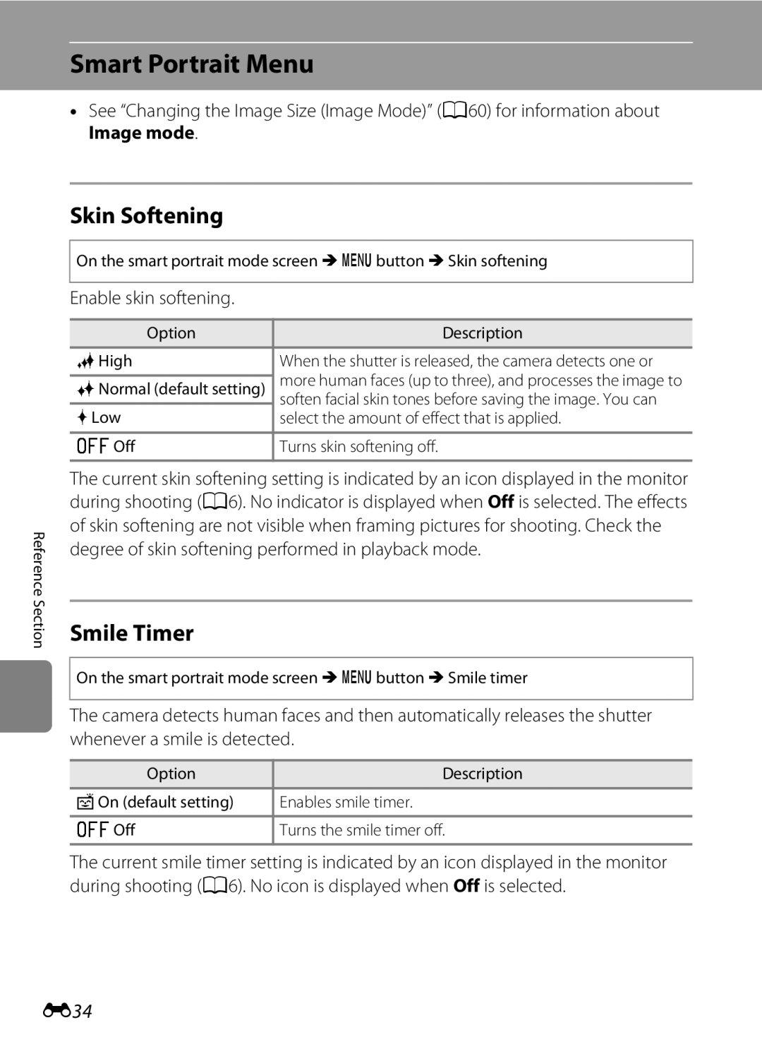 Nikon COOLPIXS3300SIL, COOLPIXS3300BLK manual Smart Portrait Menu, Skin Softening, Smile Timer, E34, Enable skin softening 