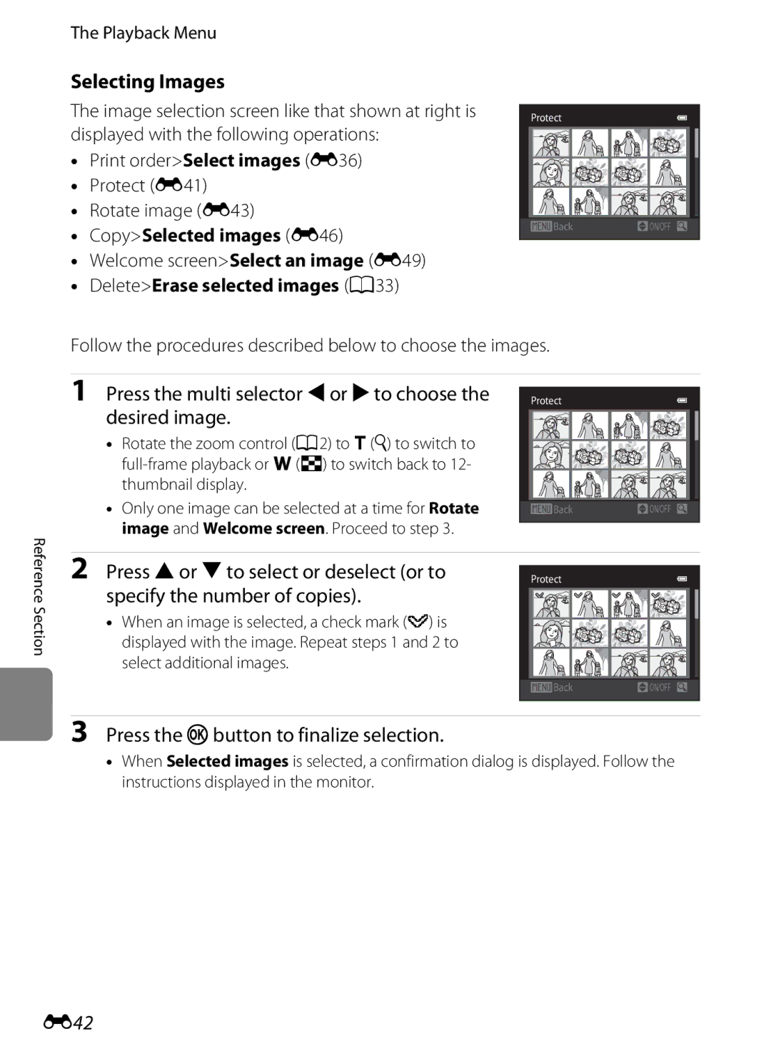 Nikon COOLPIXS3300SIL, COOLPIXS3300BLK Selecting Images, Press the multi selector Jor Kto choose the desired image, E42 