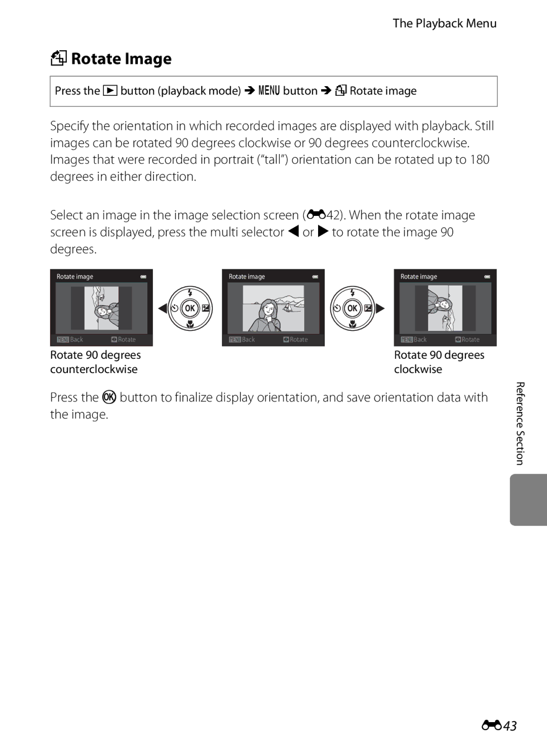 Nikon coolpix s3300, COOLPIXS3300BLK manual FRotate Image, E43, Press the cbutton playback mode Mdbutton MfRotate image 