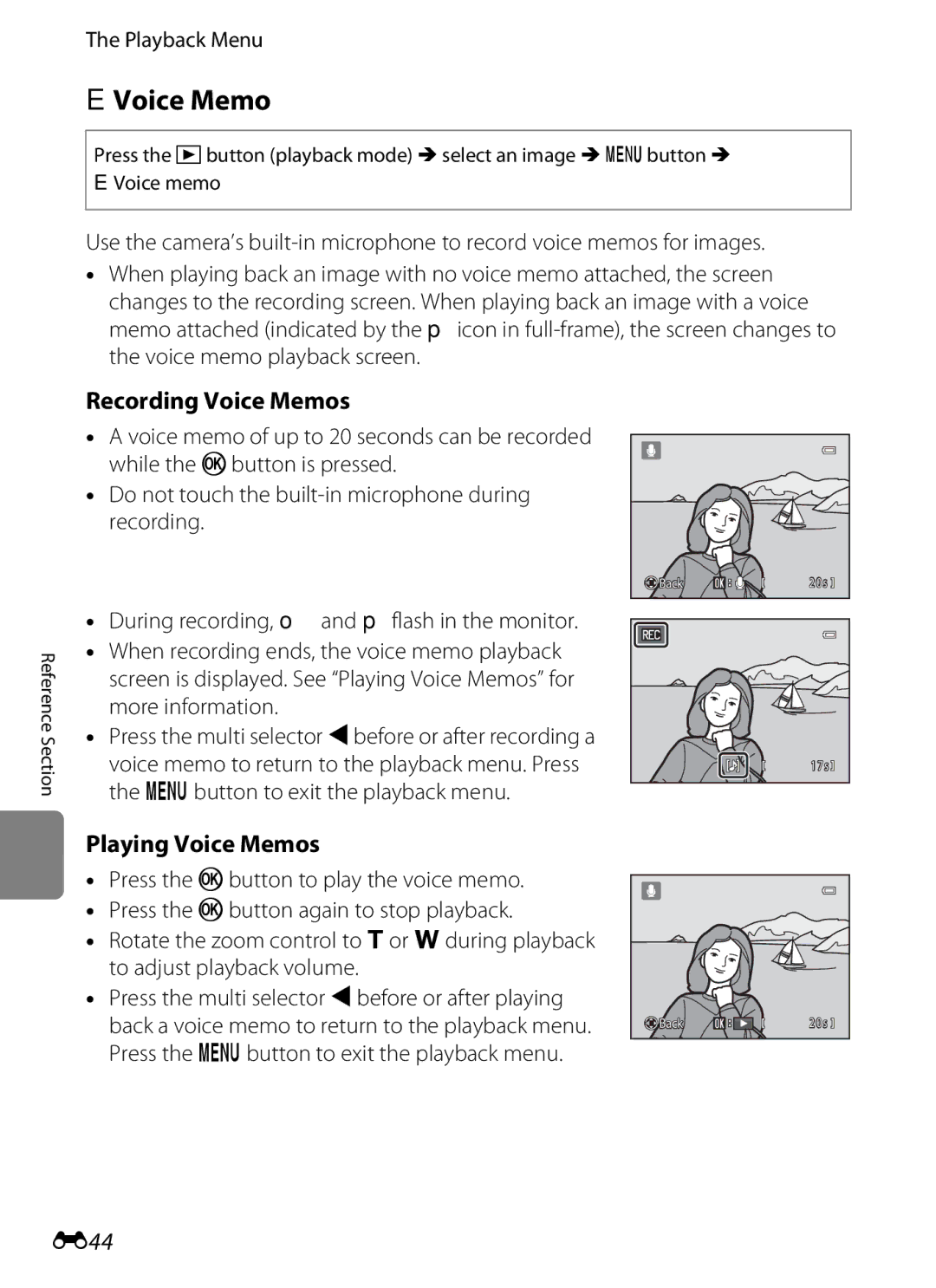 Nikon COOLPIXS3300BLK, COOLPIXS3300RED, COOLPIXS3300SIL manual EVoice Memo, Recording Voice Memos, Playing Voice Memos, E44 