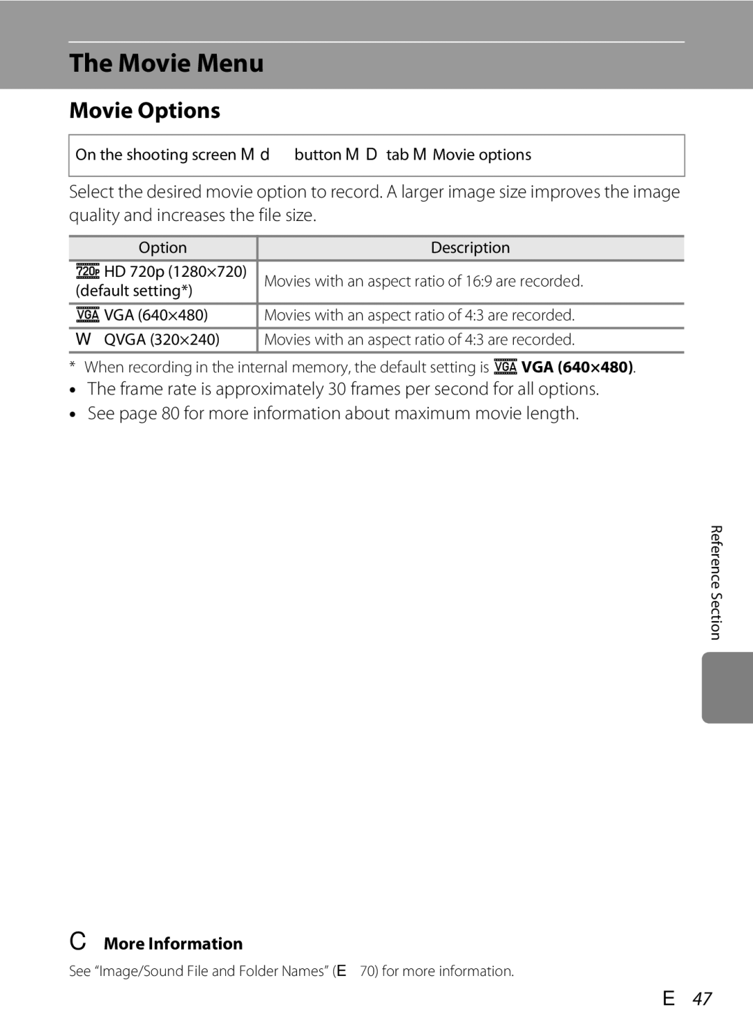 Nikon coolpix s3300, COOLPIXS3300BLK Movie Menu, Movie Options, E47, On the shooting screen Mdbutton MDtab MMovie options 