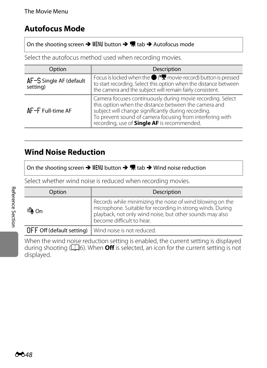 Nikon COOLPIXS3300BLK manual Wind Noise Reduction, E48, Movie Menu, Select the autofocus method used when recording movies 