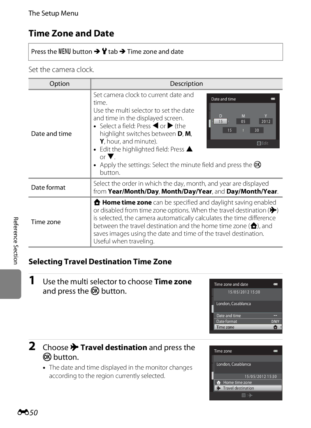 Nikon COOLPIXS3300SIL, coolpix s3300 Time Zone and Date, Selecting Travel Destination Time Zone, E50, Set the camera clock 