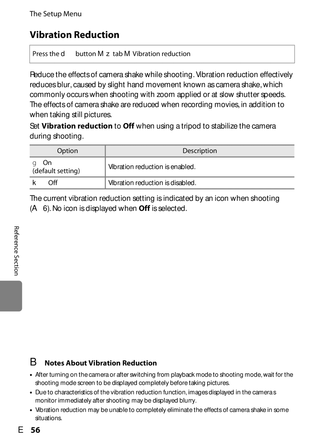 Nikon COOLPIXS3300BLK, COOLPIXS3300RED manual Vibration Reduction, E56, Press the dbutton Mztab MVibration reduction 